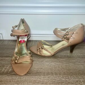 NINE WEST SPIRIT High Heels Ankle Strap Open Toe Sandals Beige Leather SIZE 10 M